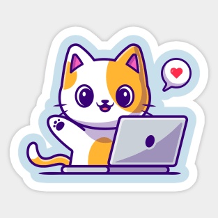 Cute Cat Working On Laptop Cartoon Sticker